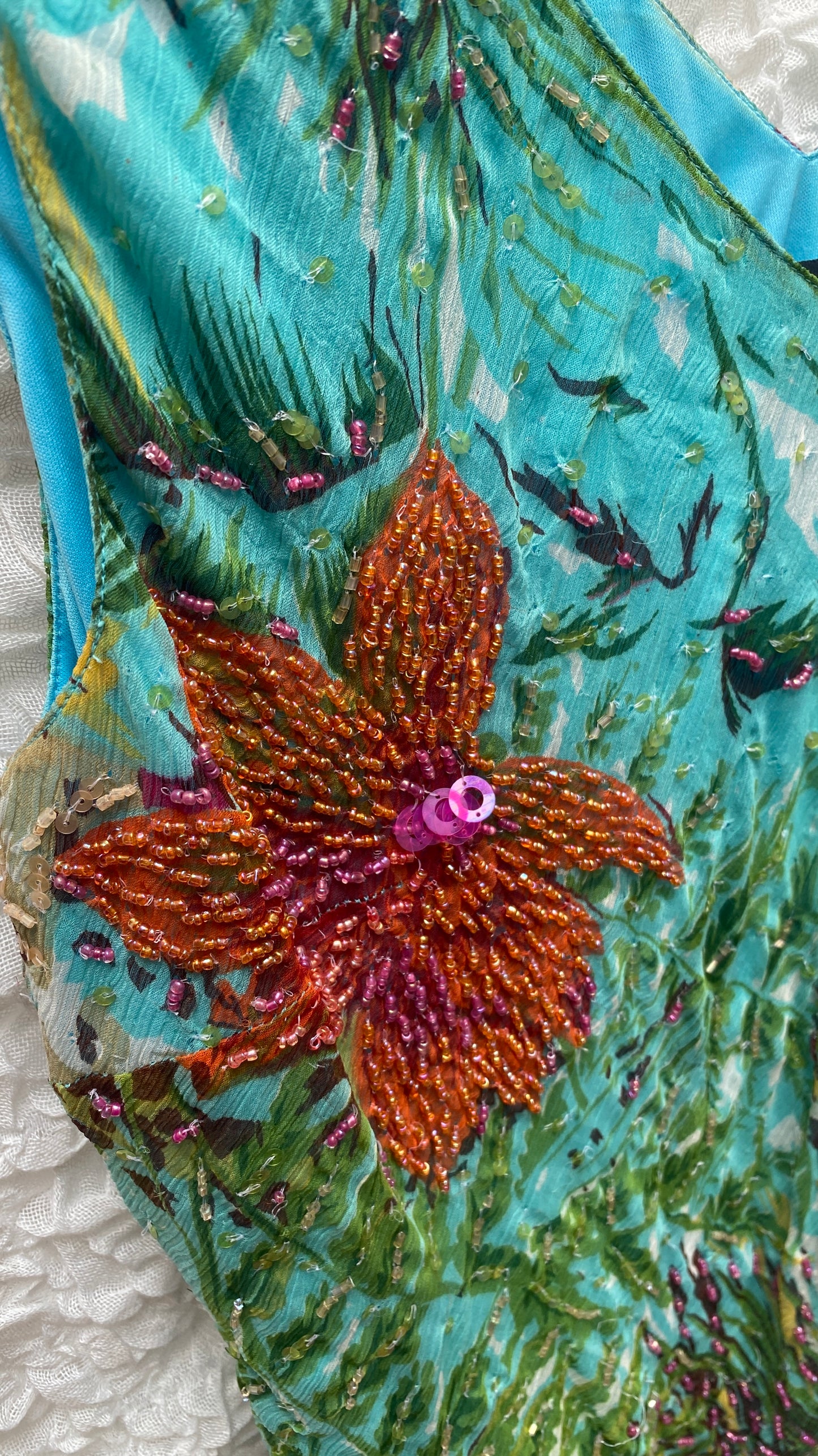 Vintage Beaded Slip Dress – Tropical Print Size 48