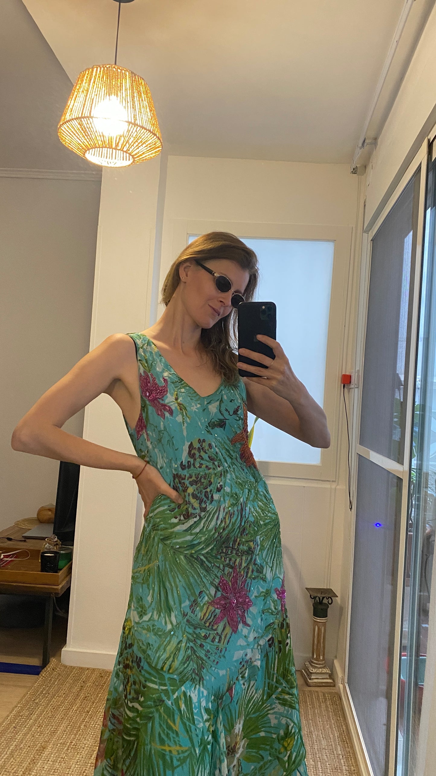 Vintage Beaded Slip Dress – Tropical Print Size 48