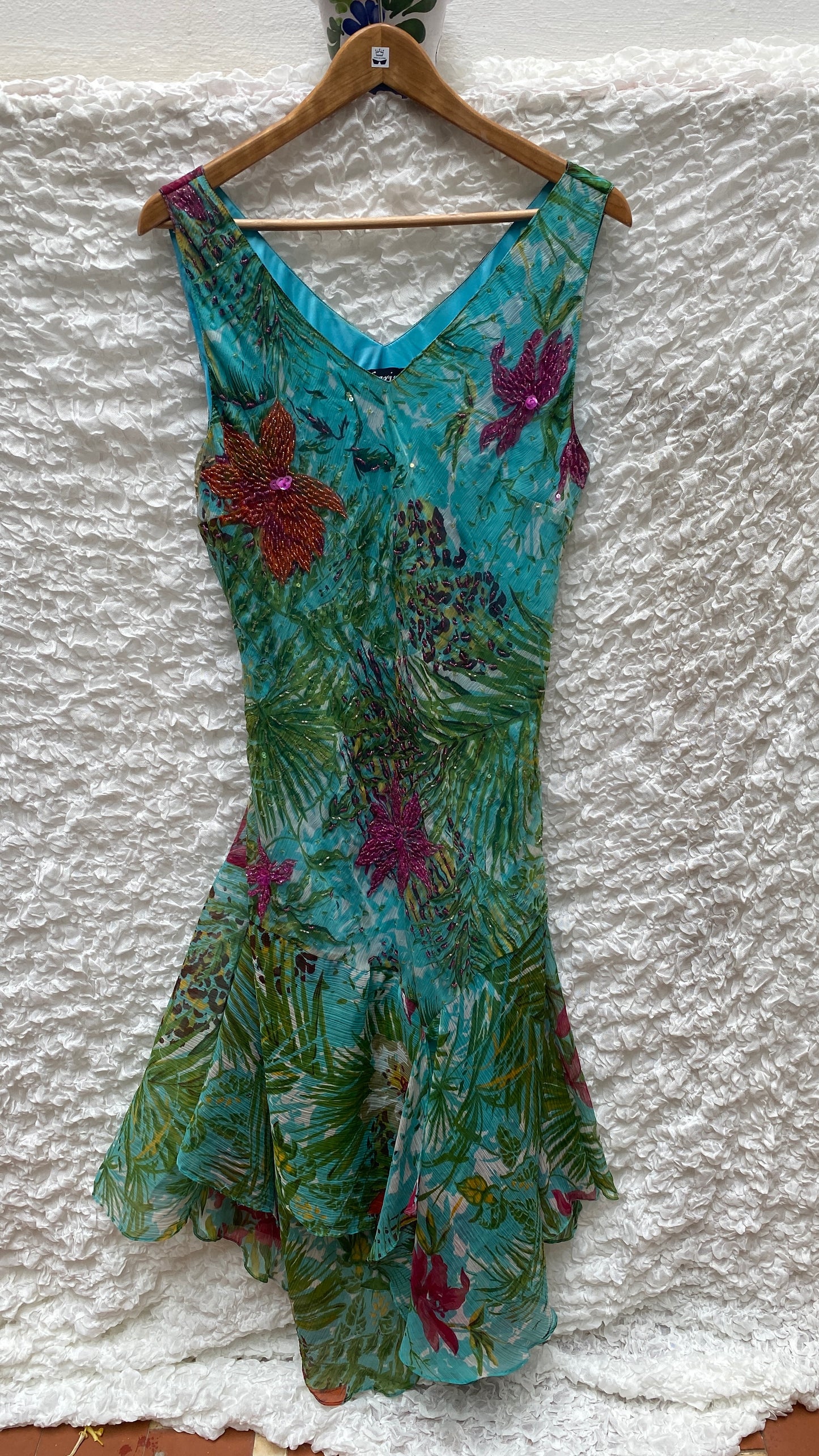 Vintage Beaded Slip Dress – Tropical Print Size 48