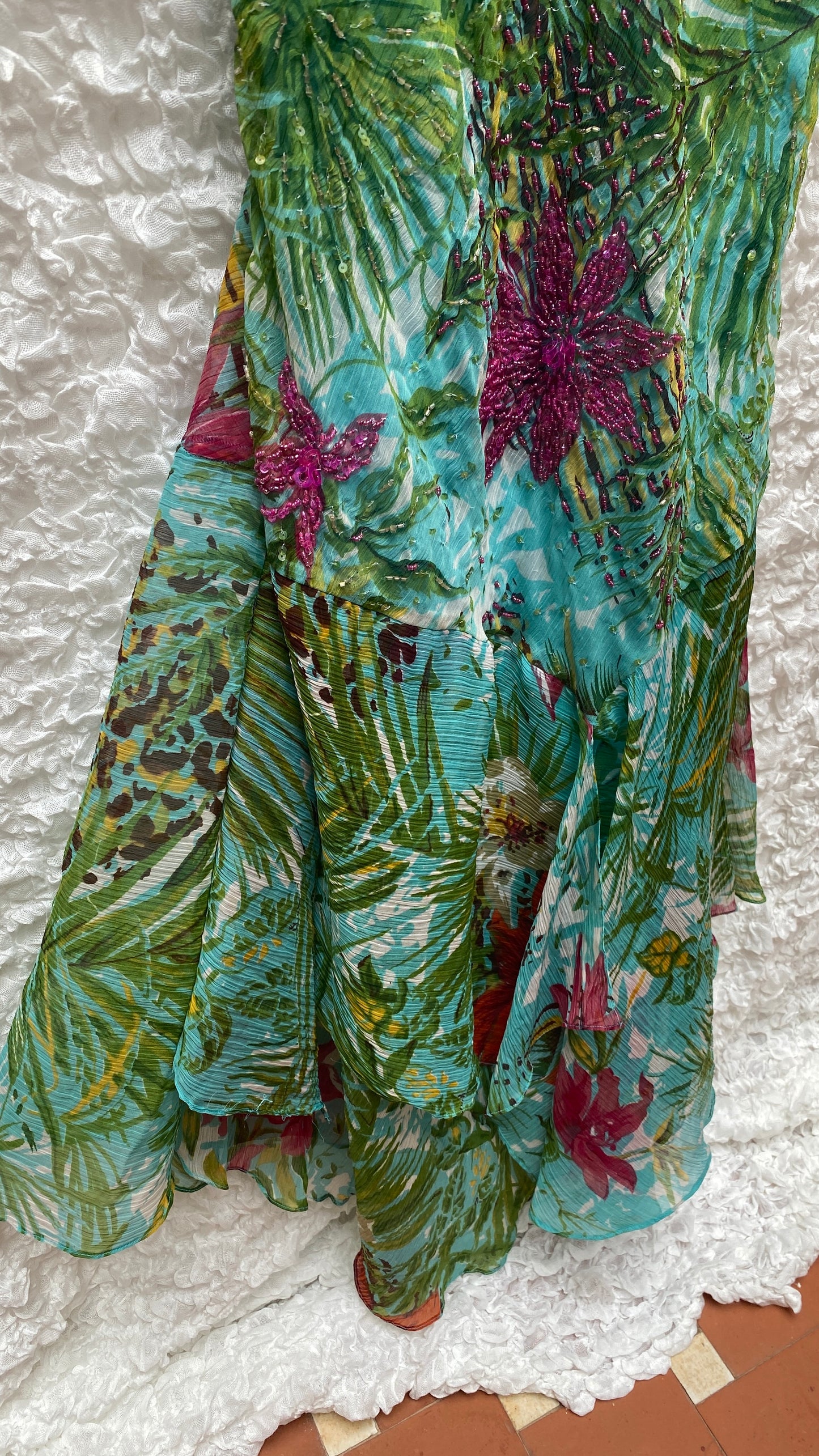 Vintage Beaded Slip Dress – Tropical Print Size 48