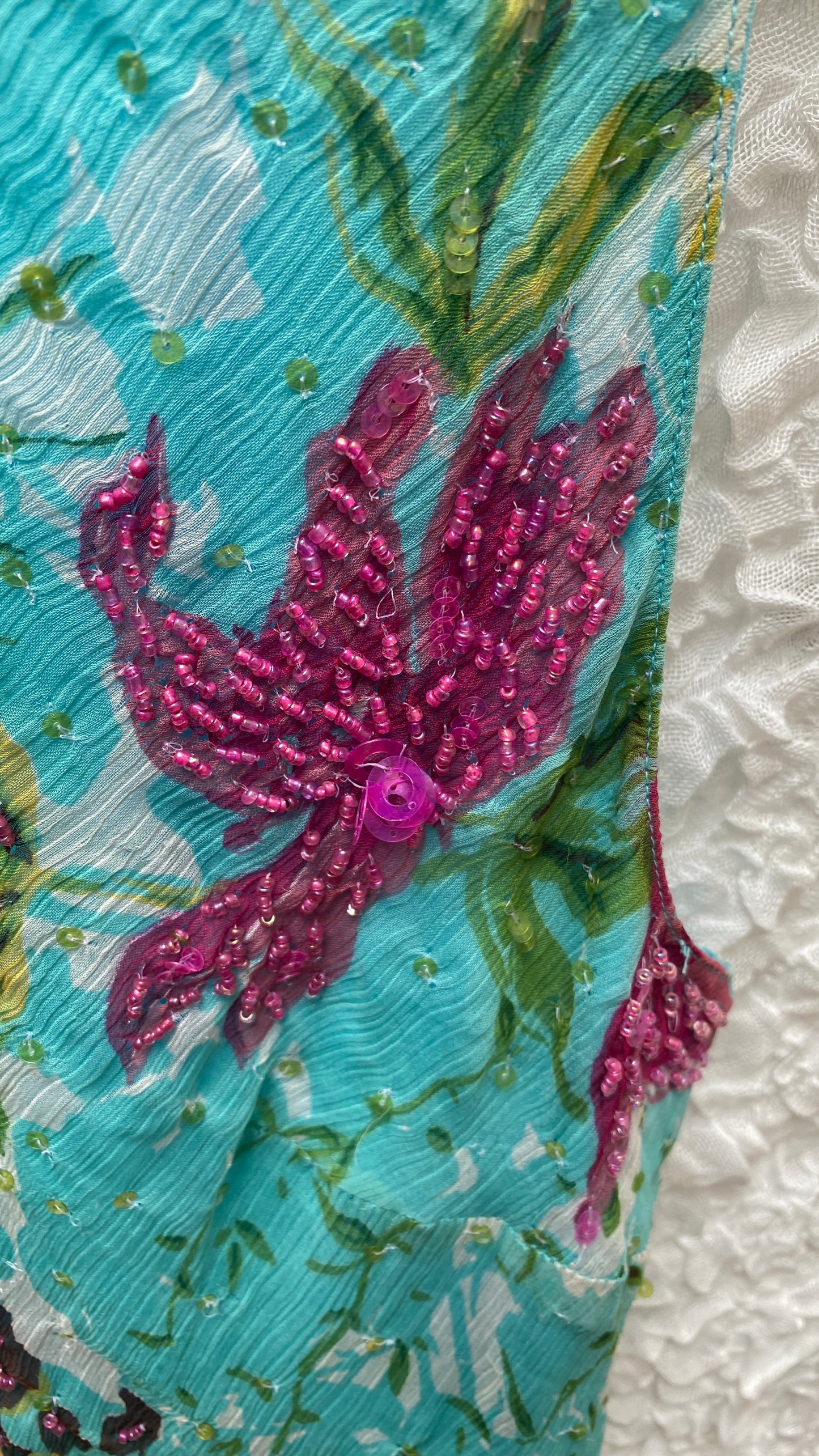 Vintage Beaded Slip Dress – Tropical Print Size 48